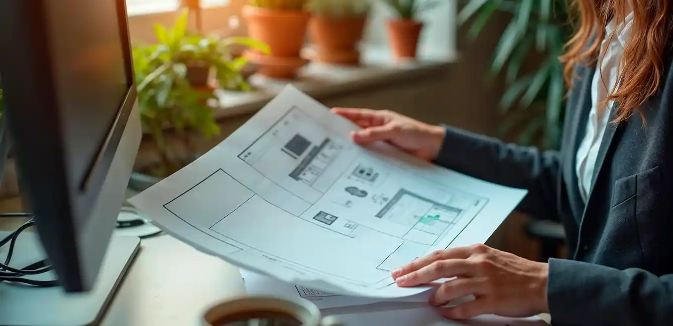 Company profile brochure open on a desk showing inside pages